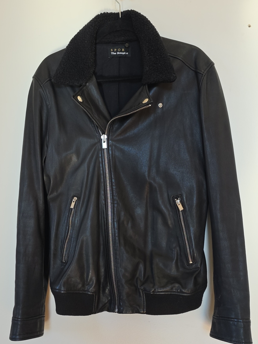 The Kooples Black Leather Bomber Jacket with Shearling Collar